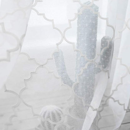 White Sheer Curtains 84 Inches Long, Rod Pocket Sheer Drapes for Living room, Bedroom, 2 Panels, 52"x84", Embroidered Moroccan Tile Lattice Design Semi Voile Window Treatments for Yard, Patio, Villa.