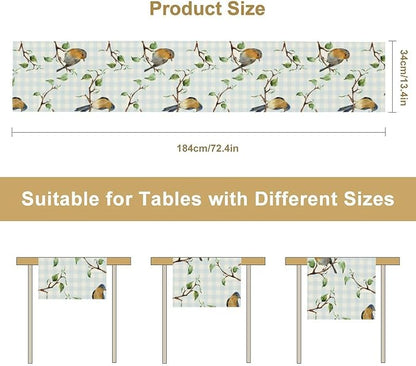 Bird Table Runner,Spring Birds Tree Blue Plaid Print Table Runner for Kitchen Dining Table Decoration Home Party Decor 13x120 Inch