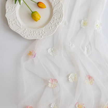 Romantic Artificial Floral Table Runner 10ft Gauze Tulle Lace Table Runner Set for Wedding Baby Shower Bridal Shower Holiday Kitchen Dining Table Decoration for Home Party Special Occasion (2Pcs)