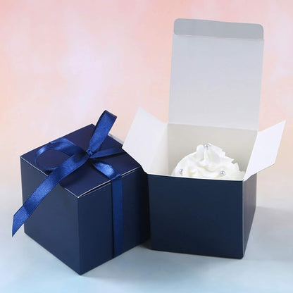 COTOPHER 60pcs Wedding Favor Boxes, Paper Gift Boxes 3x3x3 Inches Small Gift Boxes with Ribbons Small Boxes for Gifts, Crafting, Cupcake, Candy, Bridesmaid Proposal Boxes，Easy Assemble Boxes (Navy)
