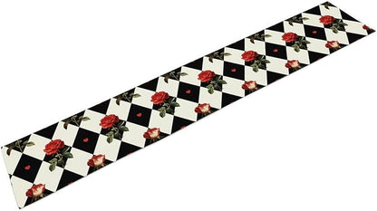 Vintage Rose Table Runner, Red Rose Hearts Black White Checkered Background Table Runner for Kitchen Dinning Table Runner Decor Home Wedding Party Holiday, 13x36 Inch