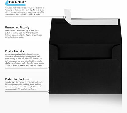 LUXPaper A7 Invitation Envelopes | Peel & Press | 5 1/4" x 7 1/4" | Black Linen | 80lb. Text | 1,000 Qty