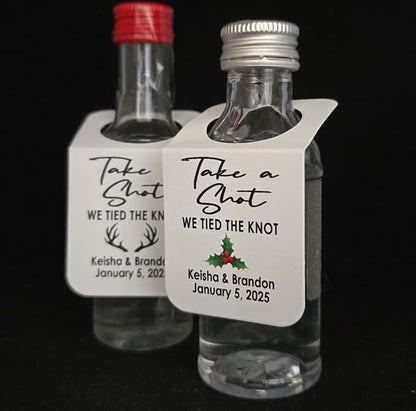 Take a Shot We Tied (or are Tying) The Knot (Rectangle Tags) 1.5" x 3" with Hanging Hole, Set of 25 Tags Personalize with Names,