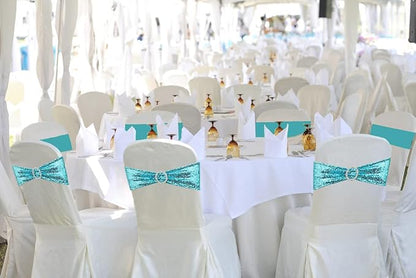 50 Pcs Sequin Chair Sashes Stretch Chair Bands Spandex Polyester Bows for Party Hotel Wedding Banquets Decoration - Aqua