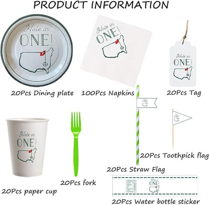 Hole in One Golf Party Decorations, 240-Piece Set with Cocktail Napkins, Plates, Cups, Bottle Labels, Toothpick Flags, Straws, Gift Tags, and Forks for Golf Birthday and 1st Hole in One Parties