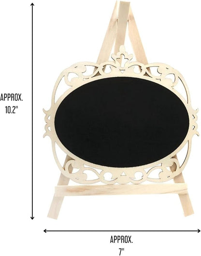 Chalkboard Signs Easel - Oval Shape with Wood Framed Swirly Design, Includes 1 Chalk Stick, Size: 10" x 7" Wooden Blackboard, Perfect for Events and Home Decoration