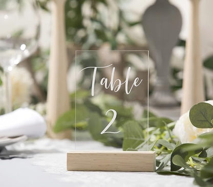 UNIQOOO 5 Pack Wood Table Number Stands | 1/8” Thick Acrylic Sign Holders | Oak Wood Display Stands | Place Card Holder, Perfect for Retail Shop Wedding Dinner Party, Events Decoration, Retail Shop