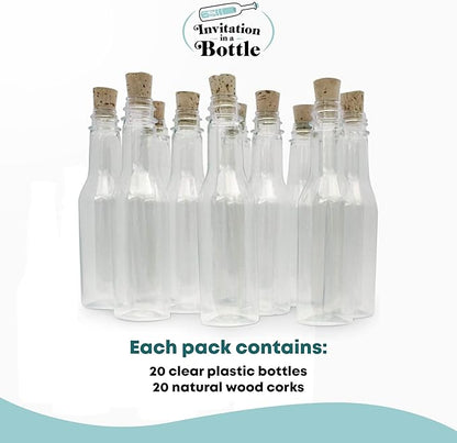 Plastic Bottles & Corks Set (20) - Clear PET Plastic Potion Bottles with Cork - Small Bottles with Cork & Tiny Jars with Cork Bottles, Message in Plastic Bottle, DIY Crafts