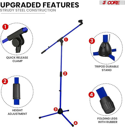 5 Core Tripod Mic Stand Floor Adjustable 18 to 72 Inches Sturdy Boom Arm Holder Microphone Stands Pedestal Para Microfono for Singing - MS 080 SKY D-BLU