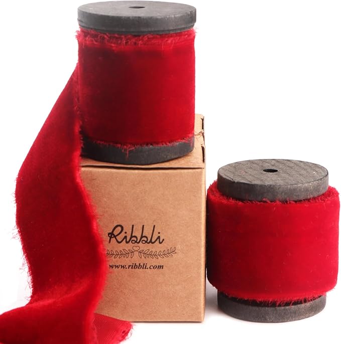 Ribbli Red Velvet Ribbon 1.5 Inch Handmade Frayed Vintage Christmas Ribbon for Gift Wrapping Christmas Tree Ornament Wreath Craft Home Decor -Total 3 Yards with Wooden Spool