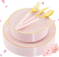 Liacere 150PCS Plastic Plates-Gold Plastic Silverware with Pink Handle - Pink Disposable Plates Include 30 Guests Plates, Forks, Spoons, Knives for Wedding ＆ Easter Day ＆Mother's Day