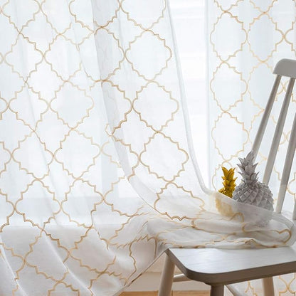 Embroidered Moroccan Tile Lattice Design Gold Sheer Curtains 84 Inch Long, Rod Pocket Sheer Drapes for Living room, Bedroom, 2 Panels, 52"x84", Semi Voile Window Treatments for Yard, Villa, Parlor.