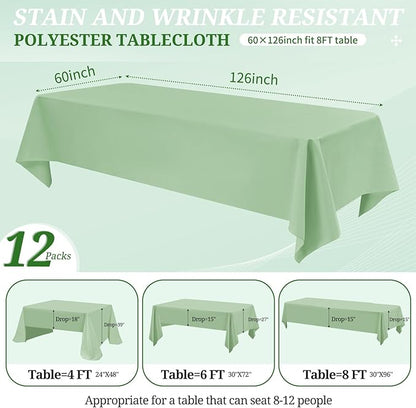 12 Pack Sage Green Tablecloths for Rectangle Tables 60 x 126 Inch Sage Green Polyester Tablecloth 8 Foot Rectangle Table Cloth Washable Fabric Table Cover for Party Wedding Banquet Restaurant Events