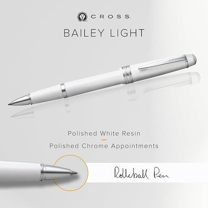 Cross Bailey Light Refillable Rollerball Pen Presented in a Everyday Gift Box - Medium Point, Black Ink, Polished White