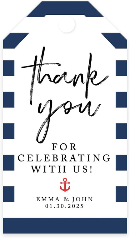 Andaz Press 100-Pack Personalized Thank You Tags with Bakers Twine Nautical Beach Custom Cardstock Wedding Gift Tags for Wedding Party Favors 2 x 3.75-Inches