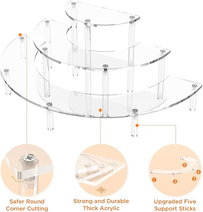 3 Tier Acrylic Display Risers 2 Pack, Half Moon Cupcake Stand, Clear Perfume Organizer, Dessert Stand for Display, Clear Display Stand for Food, Cupcake, Perfume, Collections