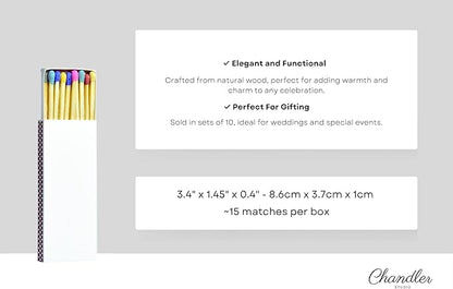 Chandler Studio 10 Boxes - Wooden Matchsticks in a Blank Matchbox with White/Black Matchboxes Colorful Tips (3" Matchboxes, 10 Boxes)