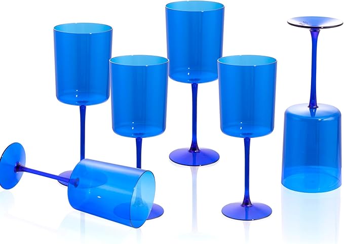 Ciaell 6 Pack Blue 10 Oz Plastic Wine Glasses with Stem - Disposable Wine Glasses for Parties & Weddings & Poolside & Outdoors & Camping