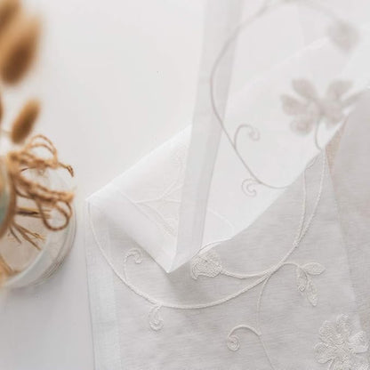 Floral Embroidery Sheer Curtains White 63 Inch Length, Rod Pocket Voile Drapes for Living room, Bedroom, Window Treatments Semi Crinkle Curtain Panels for Yard, Patio, Villa, Set of 2, 52"x 63".