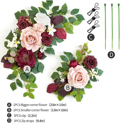 Wedding Decor (Pack of 2) Welcome Sign Flower Backdrop Garland for Ceremony Reception Wall Easel Home Decoration Entryway Faux Outdoor Board Head Table Decor (Burgundy & Dusty Rose)