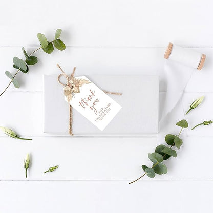 Andaz Press 100-Pack Thank You for Celebrating with Us Favor Tags Boho Dried Palm Leaves Cardstock Gift Tags with Bakers Twine for Wedding Baby Shower Bridal Shower Party Favors 2 x 3.75-Inches