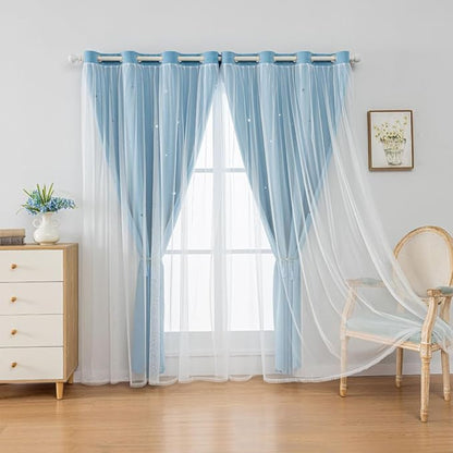 FANLI 2 Panels Star Blackout Curtains for Kid Girls Bedroom Living Room Darking Stripe Double Layer Star Cut Out Wall Home Decor Gradient Grommet Window Curtains (Blue 63L)