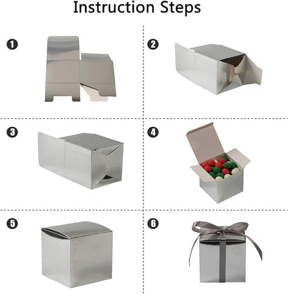 COTOPHER 60pcs Wedding Favor Boxes, Paper Gift Boxes 3x3x3 Inches Small Gift Boxes with Ribbons Small Boxes for Gifts, Crafting, Cupcake, Candy, Bridesmaid Proposal Boxes (Metallic Silver)