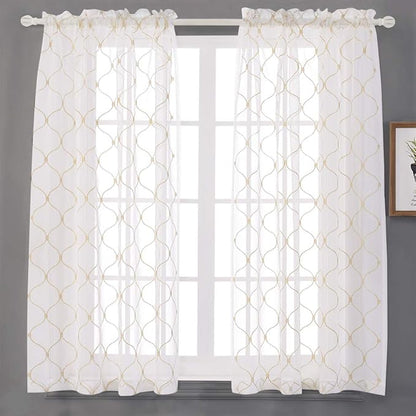 Embroidered Wave Diamond Sheer Curtains Gold 63 Inch Length, Rod Pocket Voile Drapes for Living room, Bedroom, Window Treatments Semi Curtain Panels for Yard, Patio, Villa, Parlor, Set of 2, 52"x 63".