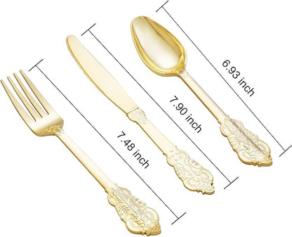 bUCLA 600 Pieces Gold Plastic Silverware - Plastic Gold Utensils - Heavyweight Disposable Cutlery - 200 Forks, 200 Spoons, 200 Knives for Party & Thanksgiving