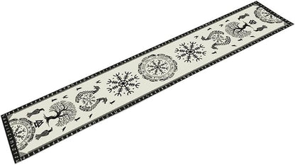 Ancient Abstract Pattern Table Runner, Tree of Life Eagle Dragon Boat Rudder Black and White Table Runner 13x108 Inch