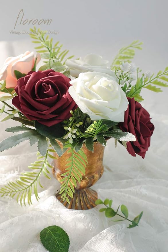 Floroom Artificial Flowers 25pcs Real Looking Burgundy Foam Fake Roses with Stems for DIY Wedding Bouquets Red Bridal Shower Centerpieces Party Decorations