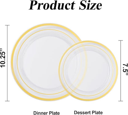 200PCS Gold Plastic Plates Set, 100 10.25 inch Dinner Plate and 100 7.5 inch Dessert Plates, Premium Disposable Plates for Party, Wedding