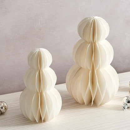 LampLust Snowman Decor, 2 Pack White Honeycomb Paper Snowmen, 6 & 8 Inch, Winter Wonderland & Enchanted Forest Decorations Indoor, Home Mantle Decor, Centerpiece Table Decorations