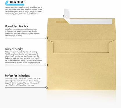 LUXPaper A7 Invitation Envelopes | Peel & Press | 5 1/4" x 7 1/4" | Blonde Metallic | 80lb. Text | 500 Qty