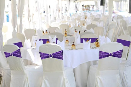 Chair Sashes Sequin Stretch Chair Bands Spandex Polyester Bows for Party Hotel Wedding Banquets Decoration - 6 Pcs Purple