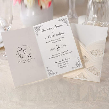 Hosmsua 5.12x7.2 50PCS Blank Wedding Invitations Kit Laser Cut light Gold Hollow Foil Flora Lace Sleeve Pocket with Envelopes for Quinceanera Wedding Invitation