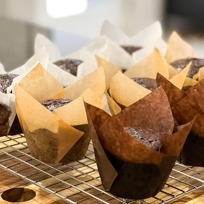 150-Pack Nordic Paper Brown Tulip Muffin Liners for Baking - Odorless, Non toxic Cup, Grease-Resistant Cupcake Wrappers for All Occasions - Perfect for Weddings, Birthdays, Showers! (Brown)