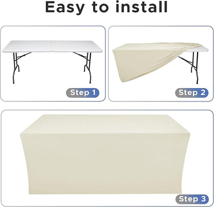 Nasitos Fitted Table Covers Stretch Spandex - 96 x 30 Inch - 2 Pack Beige Rectangle Table Clothes for 8 Foot Folding Tables, Fabric Tablecloths for Parties, Trade Show, Craft Show, Birthday