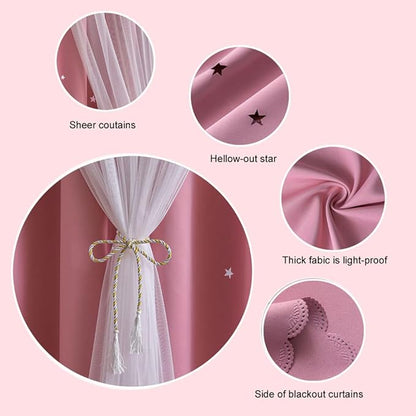 FANLI 2 Panels Star Blackout Curtains for Kid Girls Bedroom Living Room Darking Stripe Double Layer Star Cut Out Wall Home Decor Gradient Grommet Window Curtains (Pink 84L)