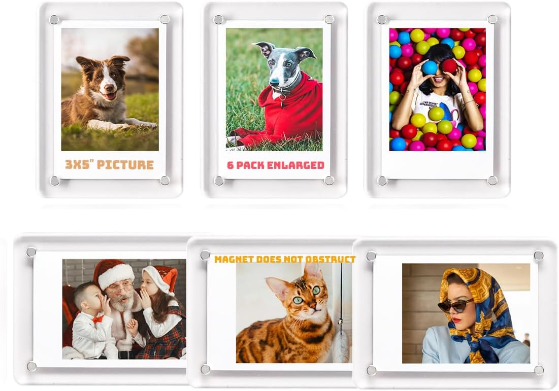 Acrylic Fridge Magnetic Picture Frames, 3x5 Inch Magnetic Clear Photo Frames Fit 3x5 and 4x6 Picture for Refrigerator/Locker/Wall, Compatible with Polaroid Camera Photos 6 Pack