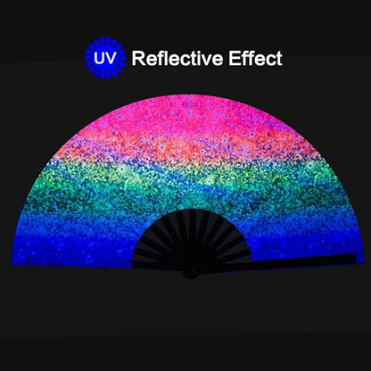 UV Glow Rave Fan, Bamboo Folding Clack Hand Fan for Men Women (Glitter Rainbow, Large 13")