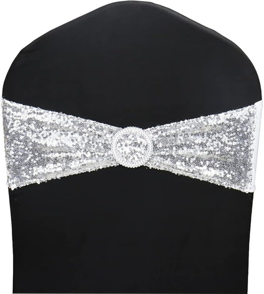 10 Pcs Chair Sashes Sequin Stretch Chair Bands Spandex Polyester Bows for Party Hotel Wedding Banquets Decoration -Silver