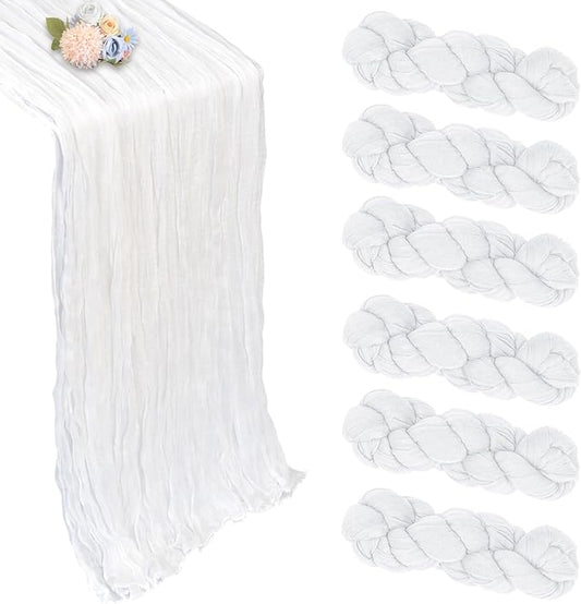 6 Pack White Cheesecloth Table Runner 10ft Boho Gauze Fabric Cheese Cloth Table Runner 35 x 120 Inch Rustic Sheer Runner for Romantic Wedding Decor Baby Shower Party Table Centerpiece Decoration