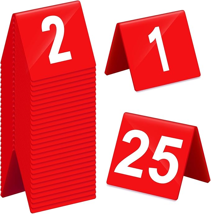 Tuanse Table Numbers 1-25 Acrylic Double Side Numbered Table Tents Plastic Restaurant Wedding Numbers Cards Signs for Party Banquets Wedding Reception(Red, White)