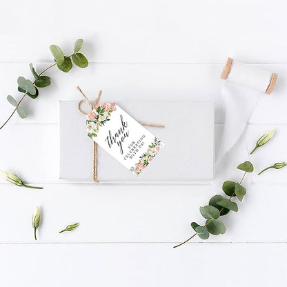 Andaz Press 100-Pack Thank You for Celebrating with Us Favor Tags Peach Coral Floral Garden Cardstock Gift Tags with Bakers Twine for Wedding Baby Shower Bridal Shower Party Favors 2 x 3.75-Inches