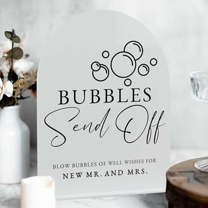 White Arch Acrylic Wedding Sign- 8"x10" Bubbles Send Off Sign and Base,1/8" Thick | Modern Calligraphy Arched Acrylic Signs for Wedding & Party