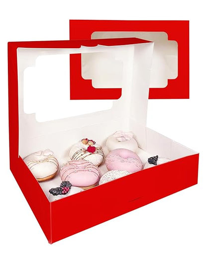 qiqee Auto-pop up Red Cookie Box with Window 12x8x2.5 inch 32 Packs Two Uses One Second Folding Pastry Biscuit Bakery Box for Packaging