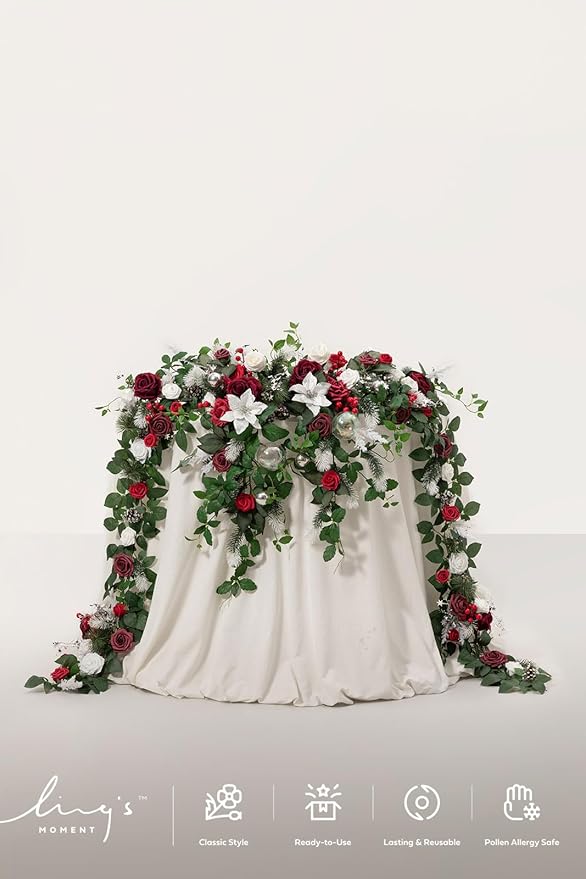 Ling's moment 9FT Eucalyptus and Willow Leaf Garland with White Flower, Handcrafted Wedding Sweetheart Table Centerpieces Head Table Decor Arch Backdrop Decorations for Wedding | Red & White