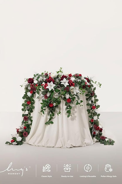 Ling's moment 9FT Eucalyptus and Willow Leaf Garland with White Flower, Handcrafted Wedding Sweetheart Table Centerpieces Head Table Decor Arch Backdrop Decorations for Wedding | Red & White