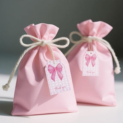 100Pcs Pink Bow Gift Tags with String Pink Buffalo Plaid Large Gift Tags with 65Ft White String Cute Thank You White Paper Tag for Coquette Birthday Baby Shower Wedding Gift Wrap Tag
